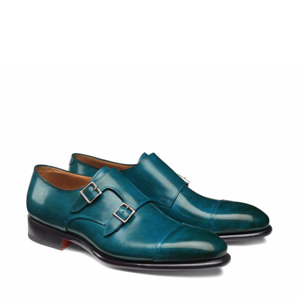Leather Double Monk Strap Men Shoes - Blue