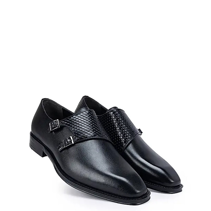 Polished Shiny Leather Textured Double Monk Shoe Black