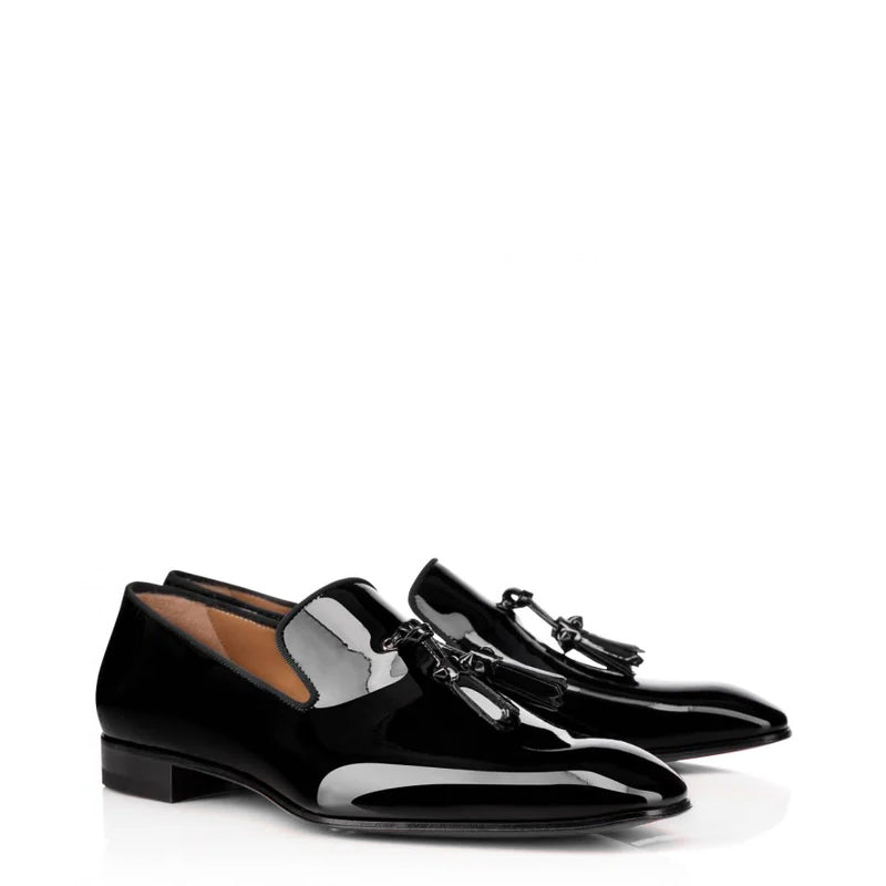 Patent Black Leather Rounded Toe Loafer in Tassel Detailing hover image