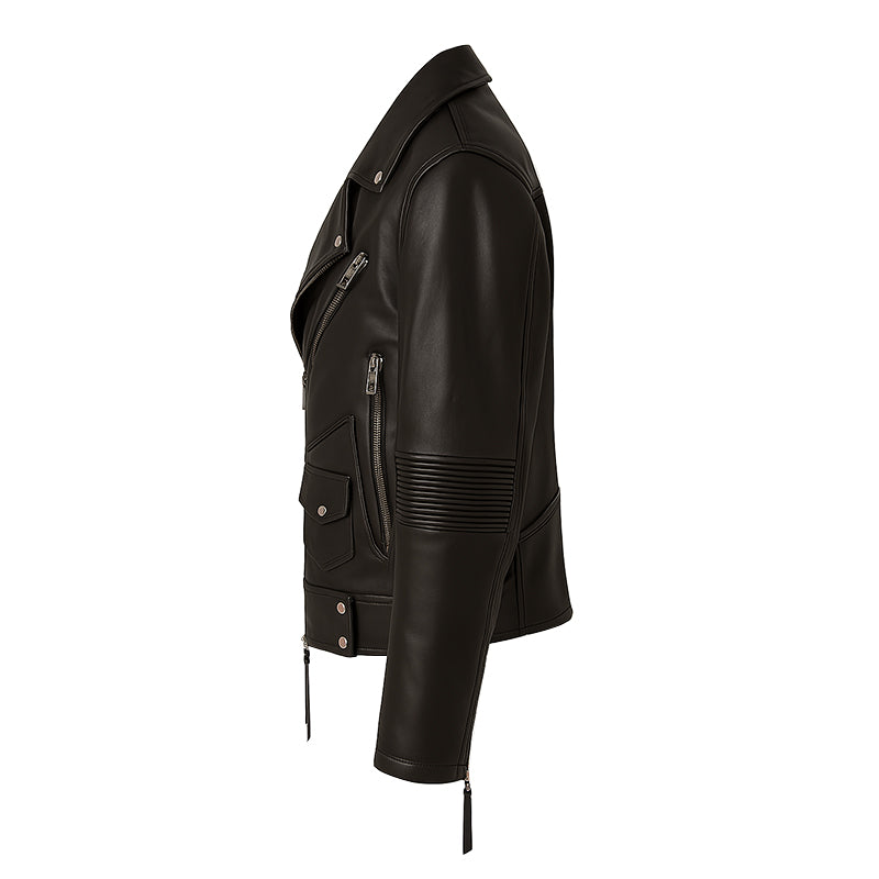 Men's Black Leather Biker Jacket with Zippers