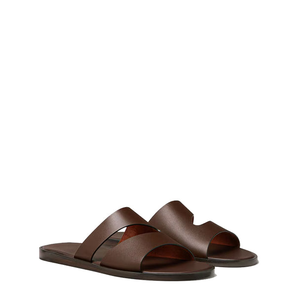 Stylish Double Strap Leather Daily Wear Slipper - Brown