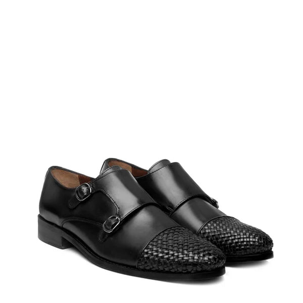 Double Monk Woven Leather Cap Toe Shoe - Black