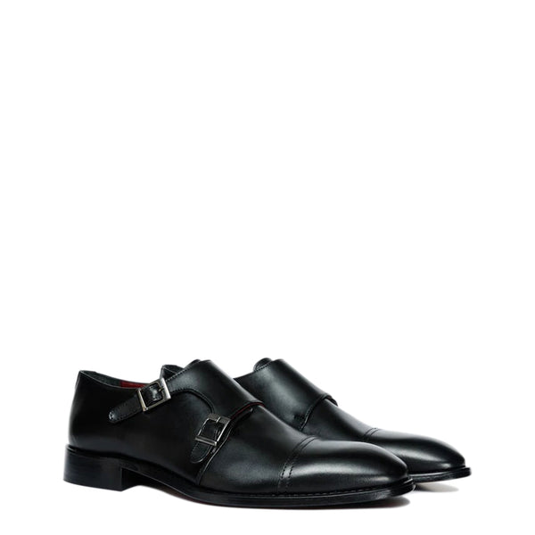 Leather Cap Toe Double Monk Strap Men Shoe - Black