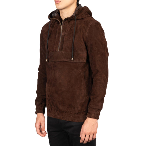 Kenton Hooded Leather Pullover Jacket For Men - Brown