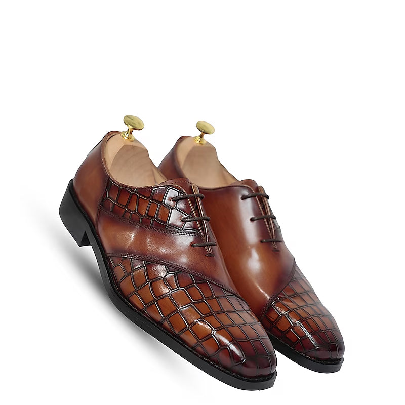 Crocodile Textured Leather Oxford Shoe Tan