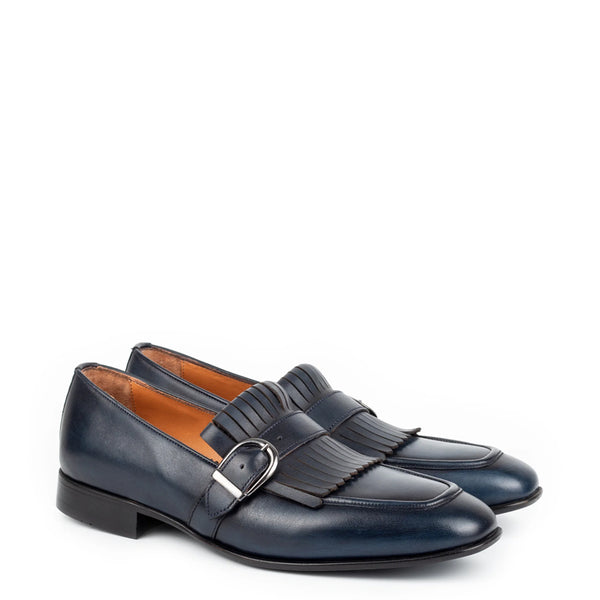 Premium Midnight Leather Single Monk Straps Shoe - Blue