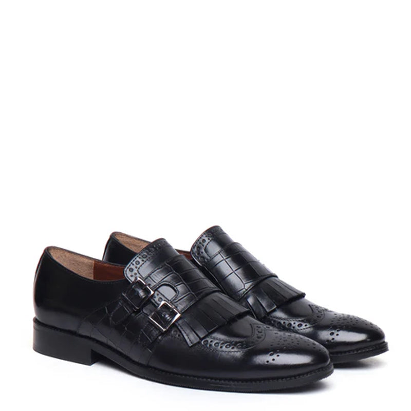 Croco Textured Double Monk Shoe with Fringes