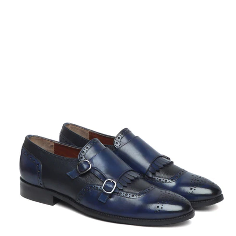 Leather Double Monk Strap Shoes With Fringes