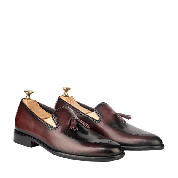 Patina Leather Tassel Loafers For Men - Wine