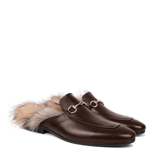 Premium Leather Mule With Fur - Brown