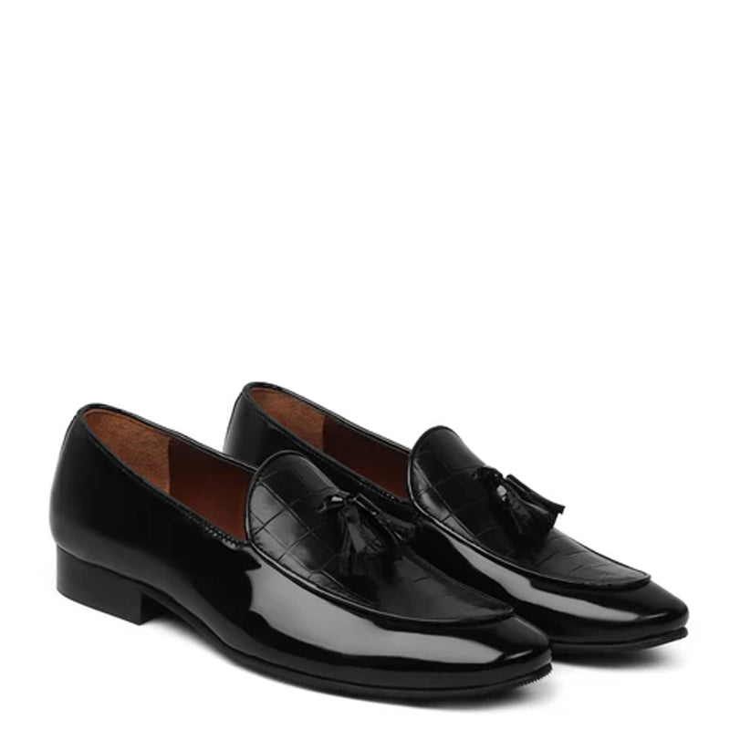 Croco Leather Tan Brown Tassel Loafer With Deep Cut