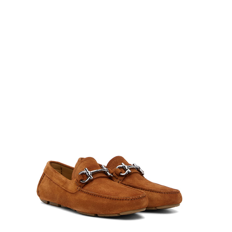 Suede Driving Loafers With Silver Horsebit Chain