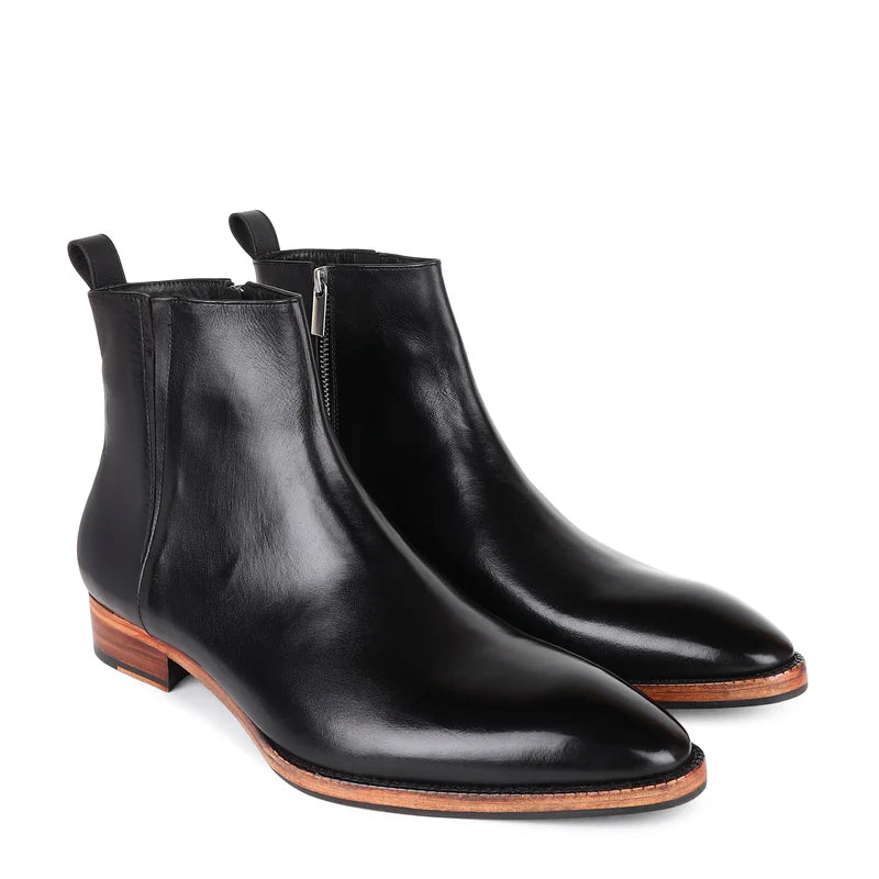 Round Toe Zip Up Leather Chelsea Boots