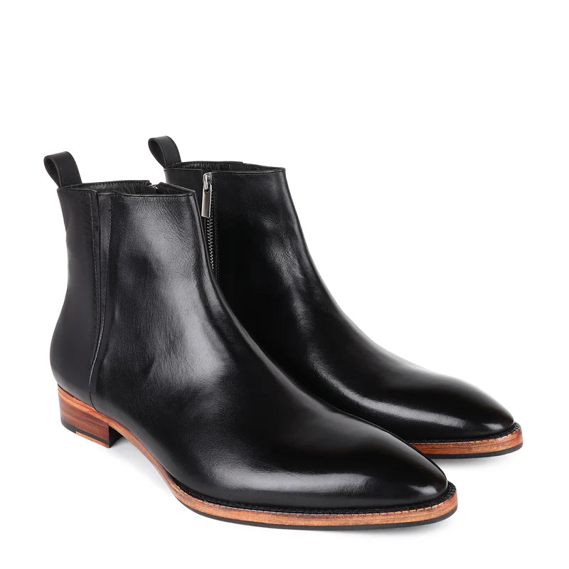 Round Toe Zip-Up Leather Chelsea Boots