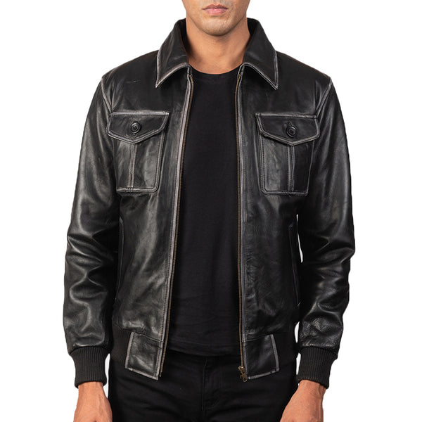 Men Solid Aaron Leather Bomber Jacket - Black