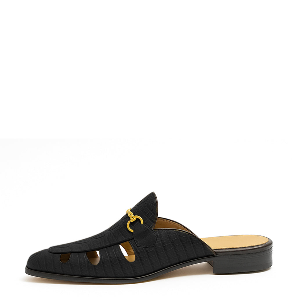 Embellished Textured Leather Mule Olive-Green