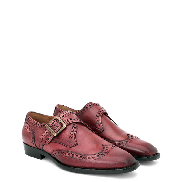 Leather Single Monk Strap Tan Shoe For Men - Burgundy