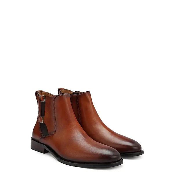 Luxury Leather Chelsea Boots With Side Double Buckle Tan