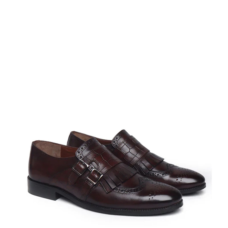 Men Leather Double Monk Strap Shoes with Fringes