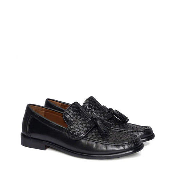 Weaved Solid Leather Tassel Loafers - Black
