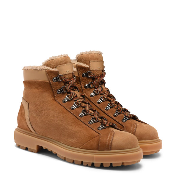 Men Tumbled Leather Hiking Boots With Fur - Brown