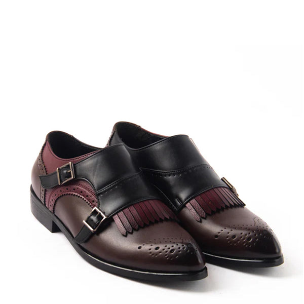 Classic Double Monk Strap Burgundy Shoe With Fringe