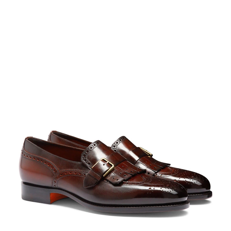 Handmade Leather Single Buckle Burgundy Loafer With Fringe