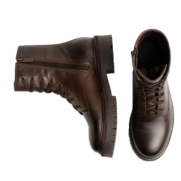 Men High Top Leather Combat Boots - Dark Brown