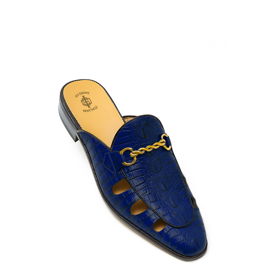 Embellished Textured Leather Mule Olive-Green