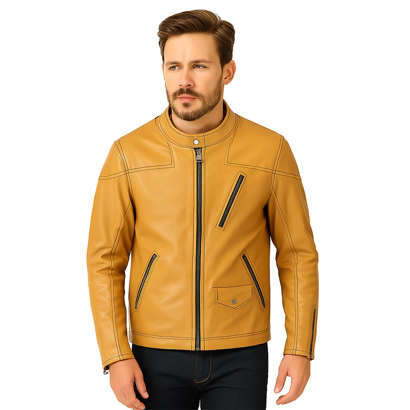 Men’s Zip-Up Vintage Blue Biker Jacket with Stand Collar & Pockets