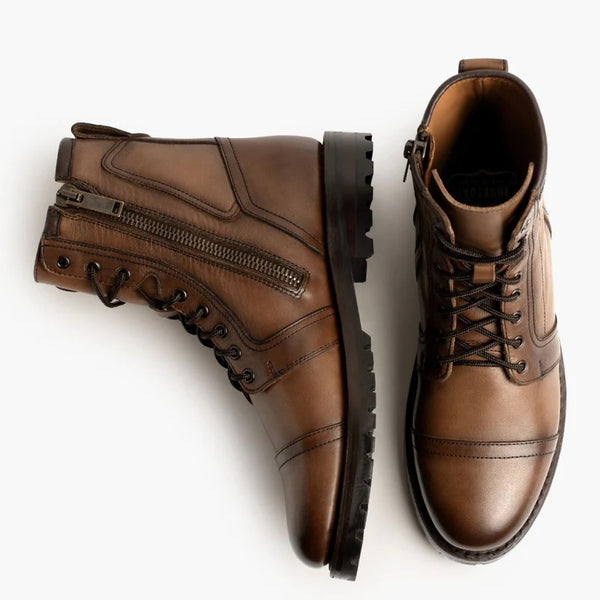 Leather Zip Up High Ankle Boots - Brown