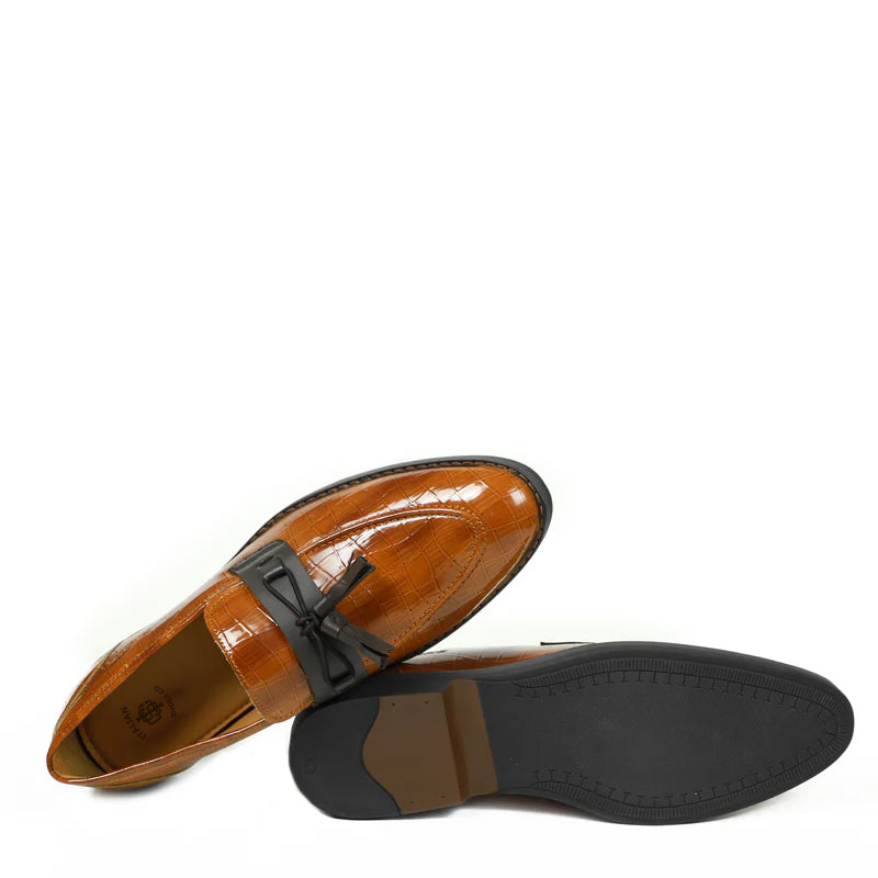 Croco Slip-On Leather Tassel Loafers