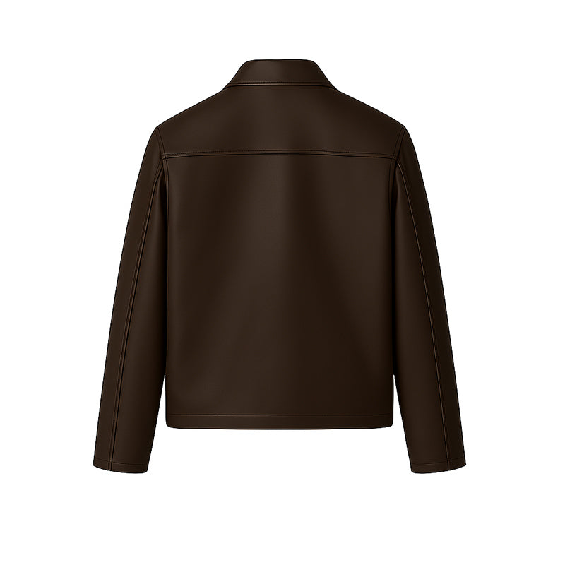 Men's Plain Casual Black Leather Jacket with Collar