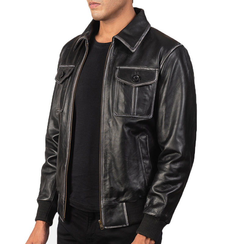 Men Solid Aaron Leather Bomber Jacket