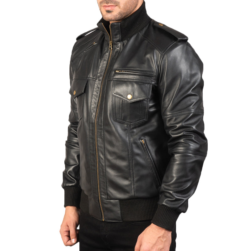 Agent Shadow Leather Bomber Jacket For Men