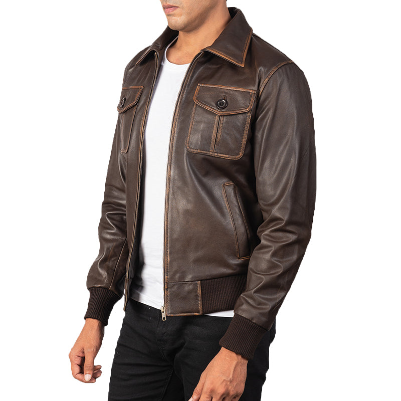 Men Solid Aaron Leather Bomber Jacket