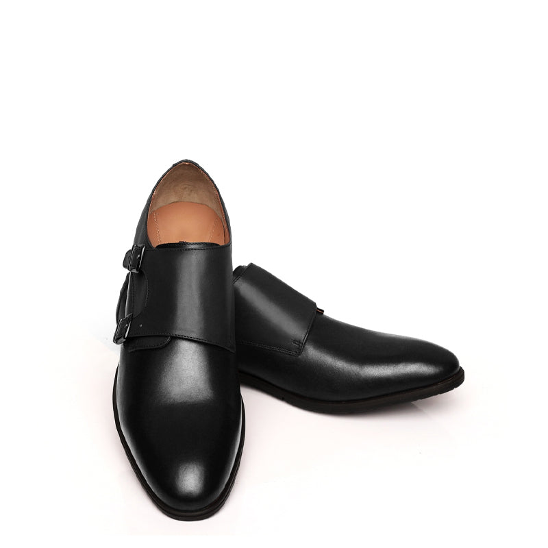 Leather Double Monk Strap Black and Gray Shoe For Men