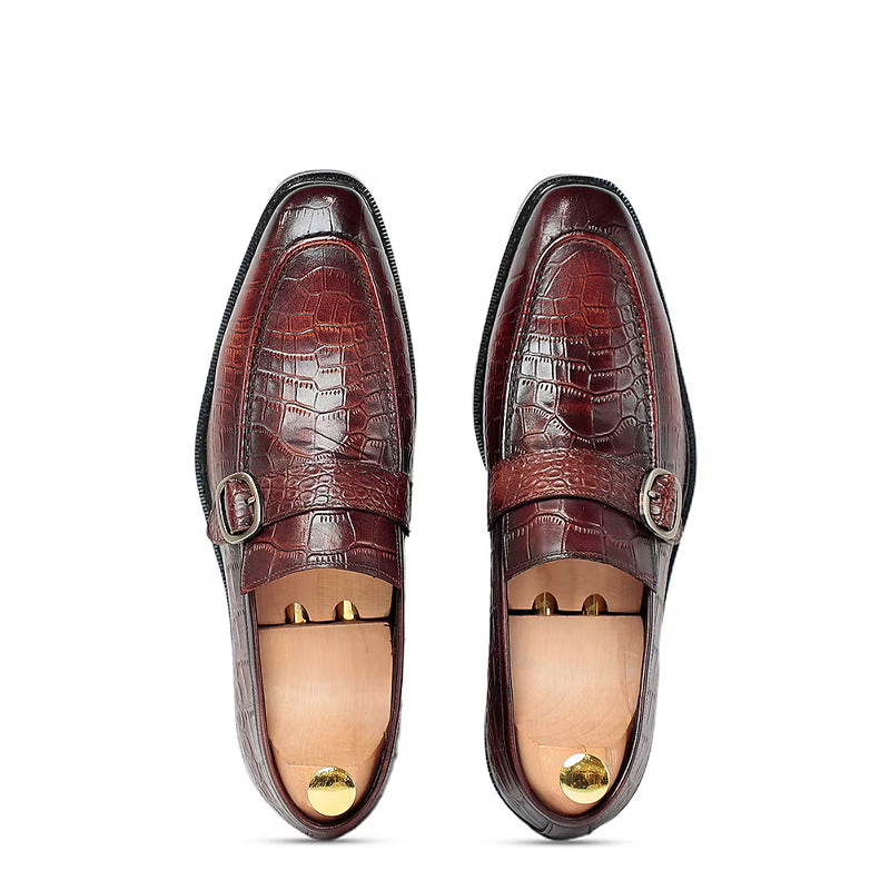 Crocodile Textured Monk Strap Leather Loafers