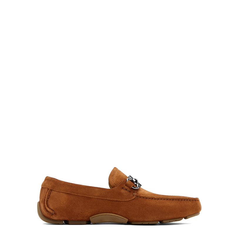 Suede Driving Loafers With Silver Horsebit Chain