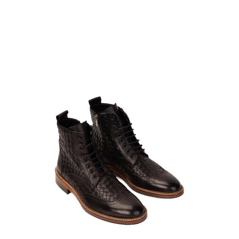 Black Leather Wingtip Brogue Lace-Up Men Boot with Zipper