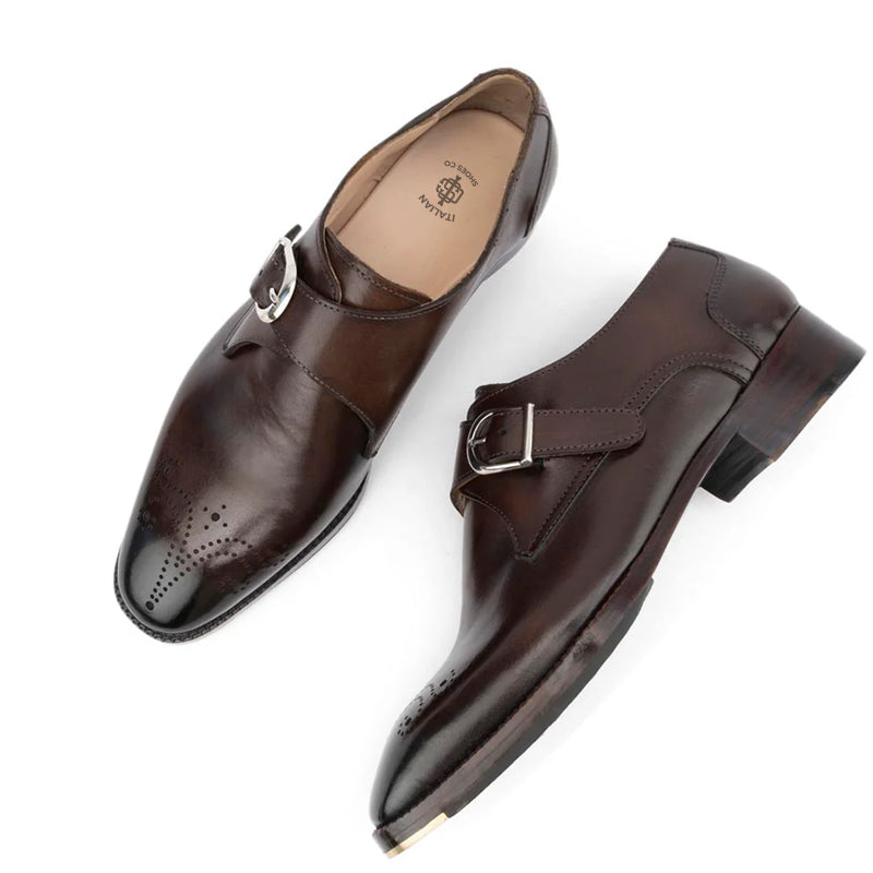 Glossed Square Toe Leather Single Monk Strap Shoe Brown – Italian