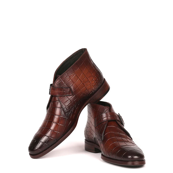 Single Monk Straps Croco Print Leather Ankle Boot