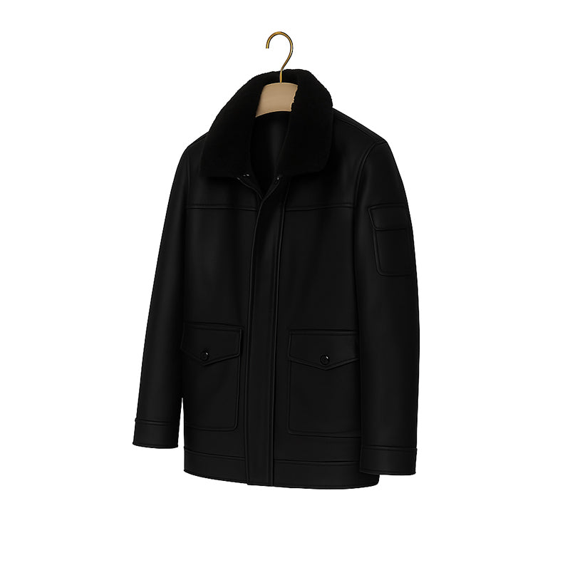 Men s Luxurious Black Front Pocket Jacket with Fur Collar