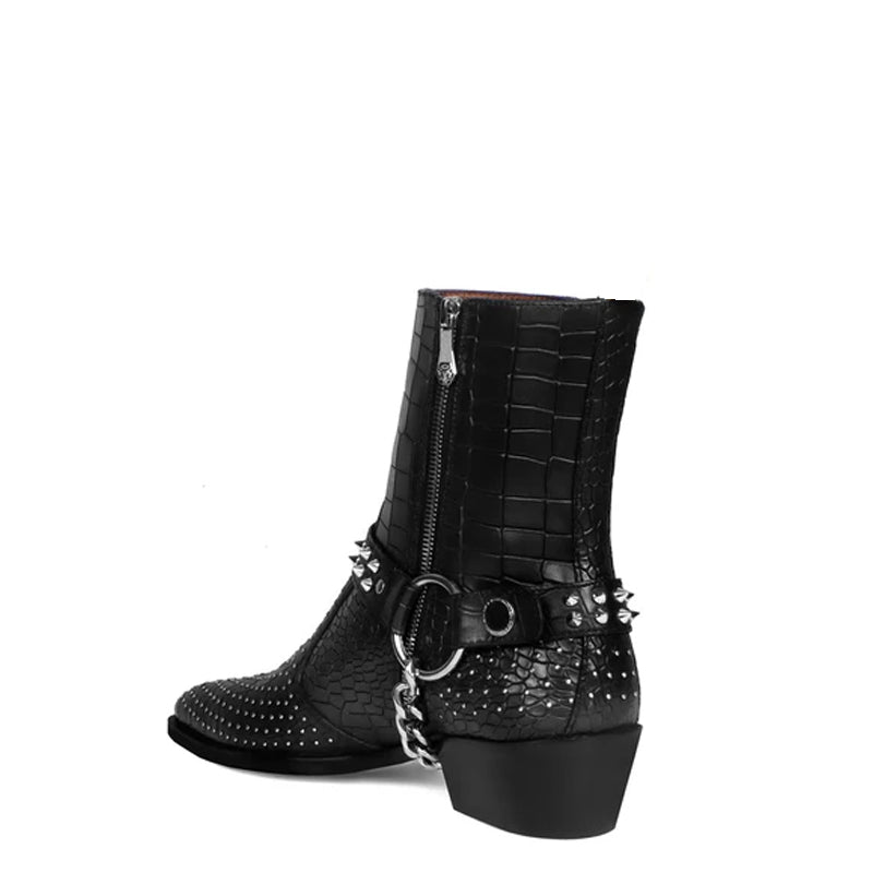 Croco With Silver Studded Buckle Side Zipper Chain Boots