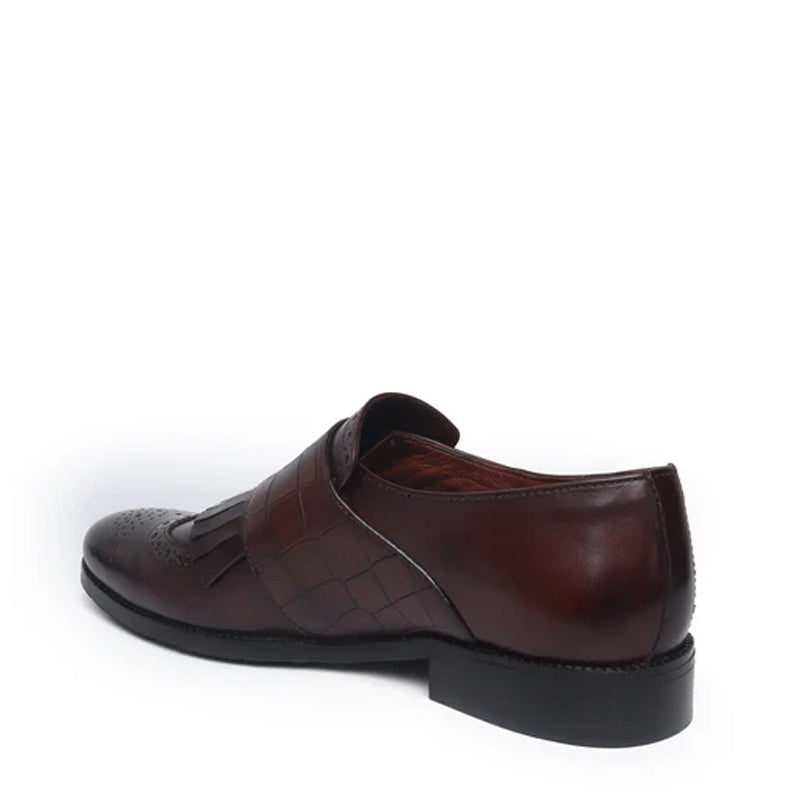 Croco Textured Double Monk Black Shoe with Fringes