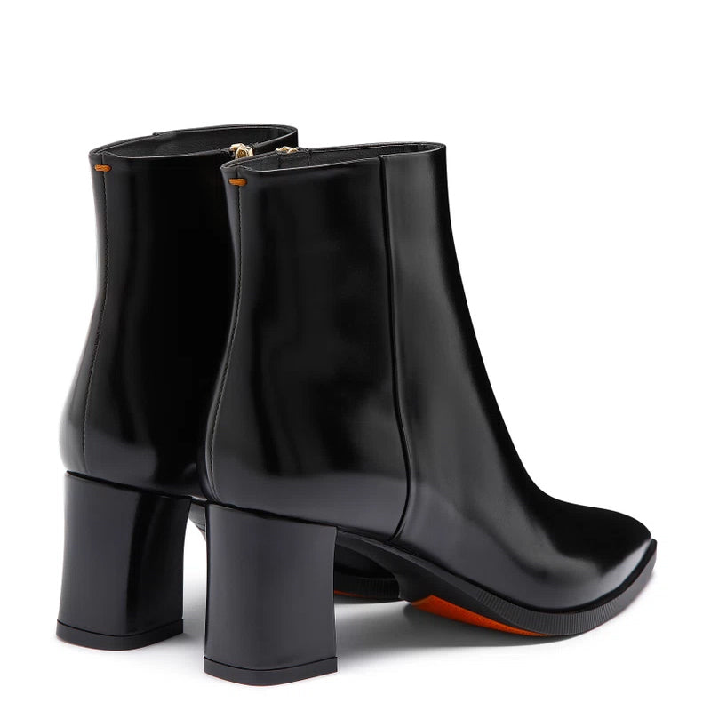Polished Leather Mid Heel Side Zipper Black Boot