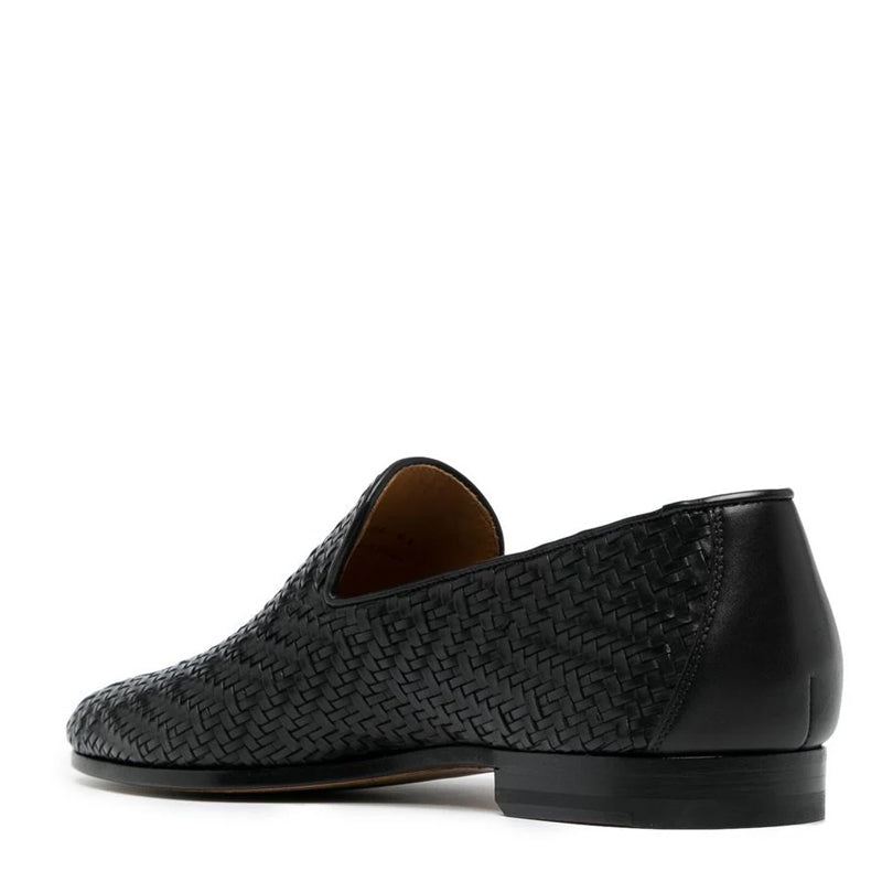 Dark Black Woven Leather Loafers For Men