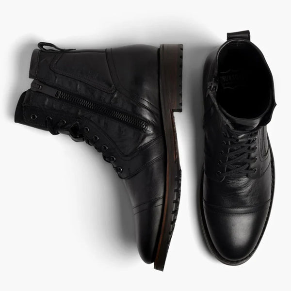 Leather Zip Up High Ankle Boots - Black