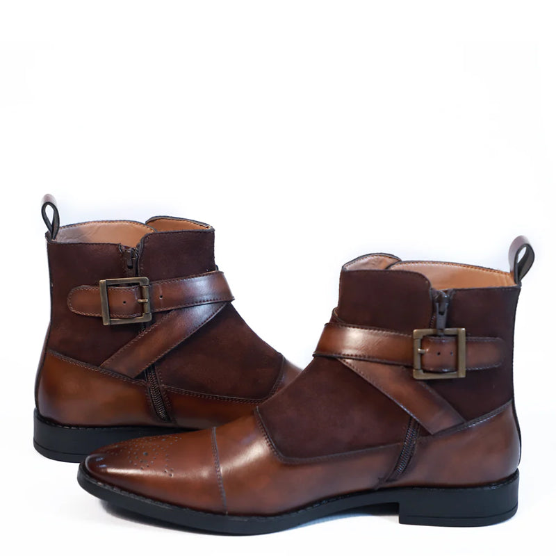 Leather Side Zip Up Buckled Ankle Boot