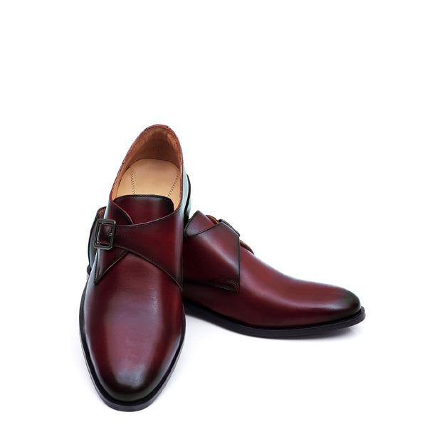 Premium Single Monk Strap Leather Shoe For Men - Burgundy